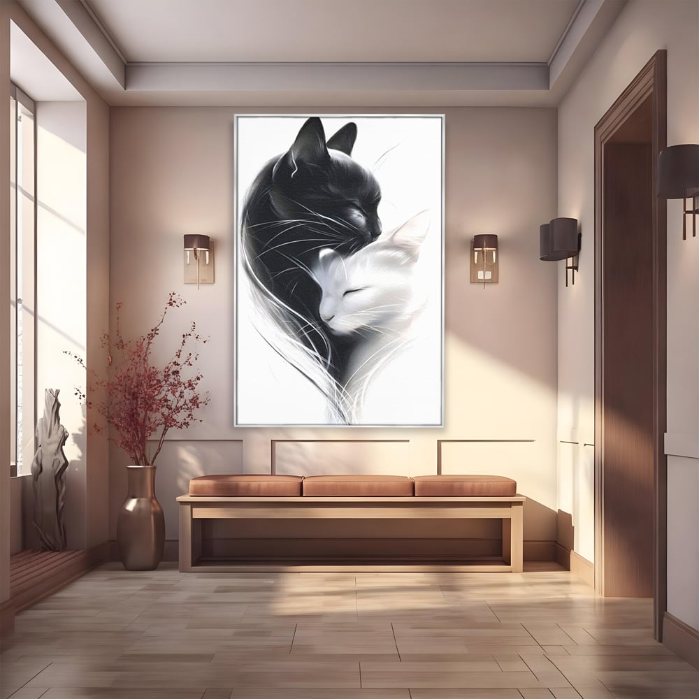 Tablou canvas cu tablou canvas cu pisici alb si negru, in rama de aluminiu argintiu